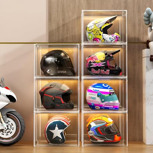 GUDEMAY Large Clear Stackable Acrylic Storage Bins with Door, Dustproof Figure Collectibles Display Case, Football & Motorcycle Helmet Showcase, Basketball, Sports Memorabilia Organizer (XL, Count, 3) - Image 1