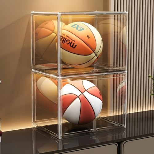 GUDEMAY Large Clear Stackable Acrylic Storage Bins with Door, Dustproof Figure Collectibles Display Case, Football & Motorcycle Helmet Showcase, Basketball, Sports Memorabilia Organizer (XL, Count, 3) - Image 2