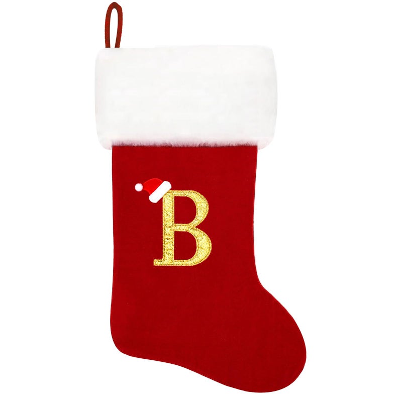Eoocan 20 Inches Monogram Christmas Stockings Red Velvet with White Super Soft Plush Cuff Embroidered Xmas Stockings Classic Personalized Stocking Decorations for Family Holiday Season DecorLetter B