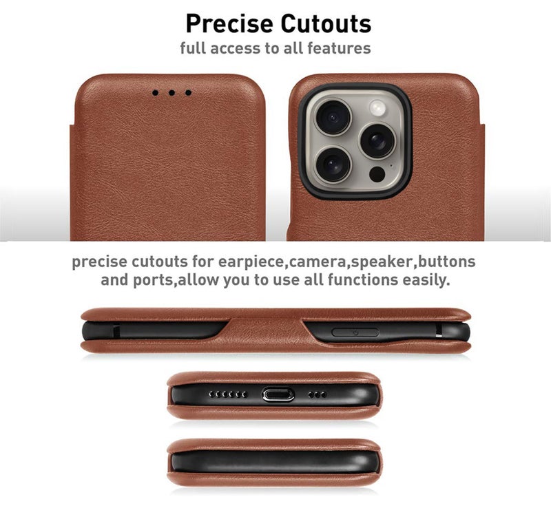 PULOKA for iPhone 15 PRO - Sleek Flip Case - Premium Vegan Leather Phone Cover with Card Slot - Slim, Durable, Privacy Protection - Kickstand Function - Elegant Flip Wallet Cases for Apple - Brown - Image 3