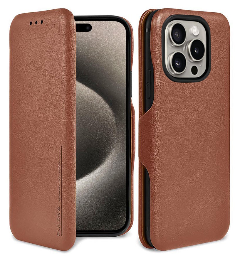 PULOKA for iPhone 15 PRO - Sleek Flip Case - Premium Vegan Leather Phone Cover with Card Slot - Slim, Durable, Privacy Protection - Kickstand Function - Elegant Flip Wallet Cases for Apple - Brown - Image 1