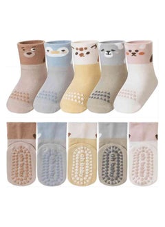 iMissiu Baby Socks, Toddlers Non Slip Socks, Little Girls Boys Cartoon Cotton Crew Walking Grips Socks 5 Pairs  - Image 1