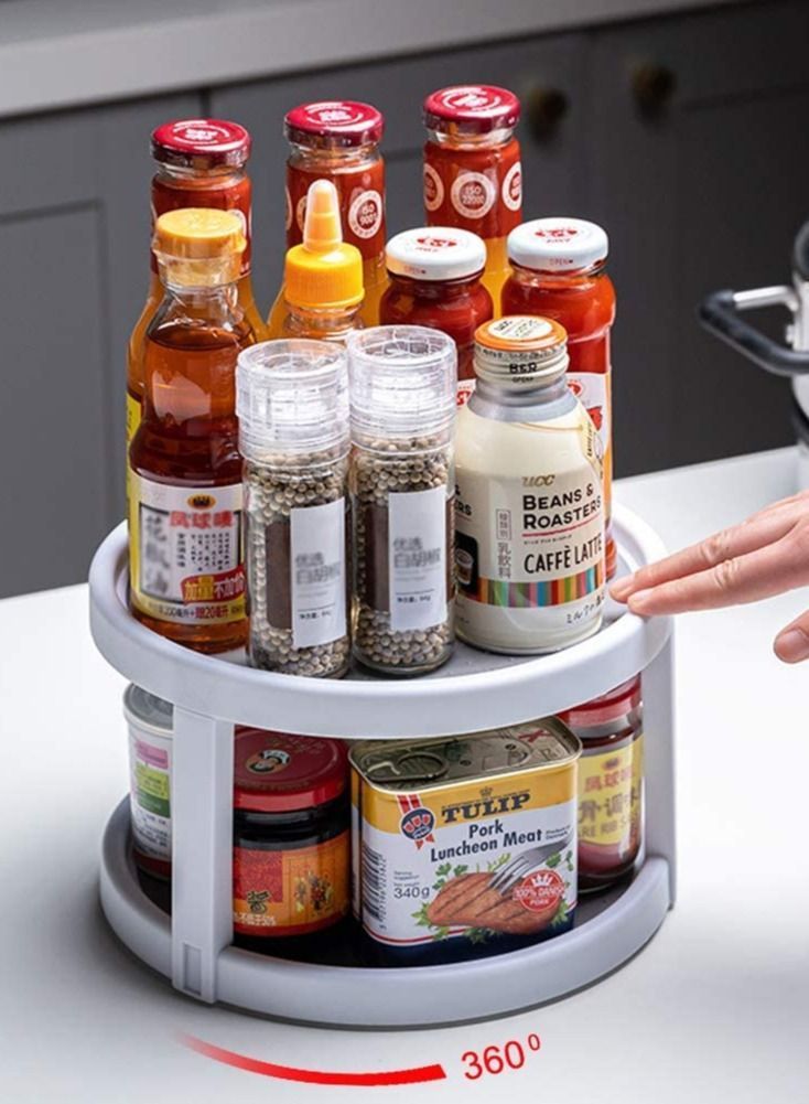 360° Rotating Rack 2 Tier Kitchen Turntable Spice Jar Storage Pantry Shelf Spinning Revolving Condiment Cupboard for Cabinet Refrigerator Bathroom - Image 1
