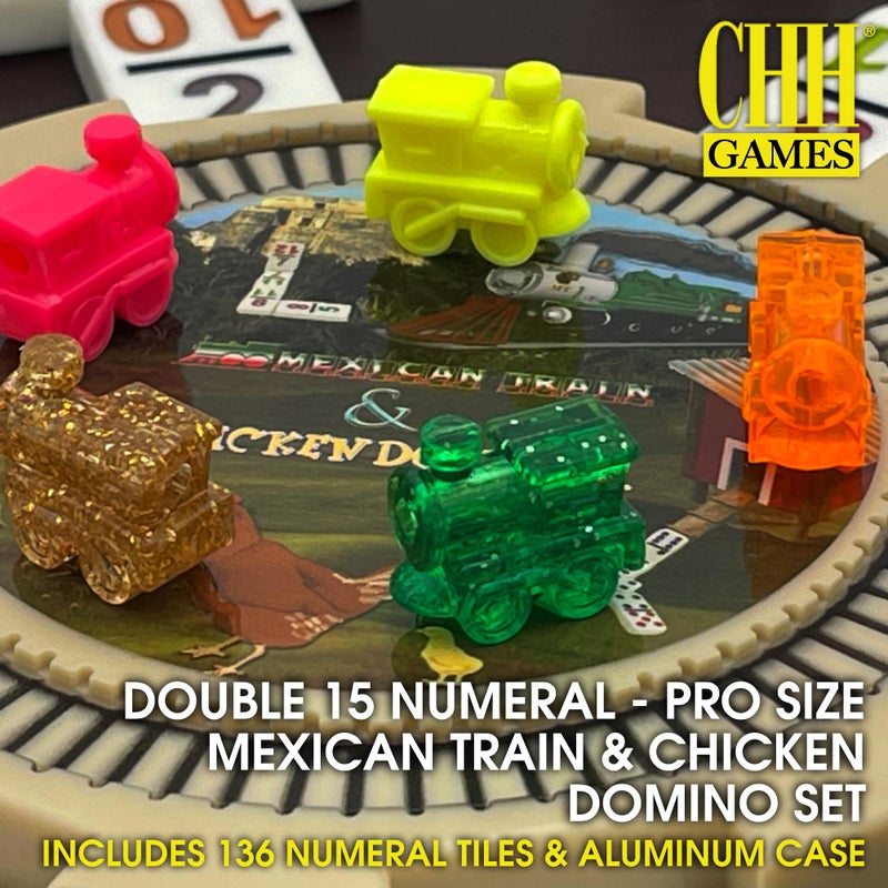 CHH Double 15 Numeral Pro Size Mexican Train  Chicken Domino Set in Aluminum Case  136 Multicolor Tiles  Complete Set with Train Markers and Hub - Image 3