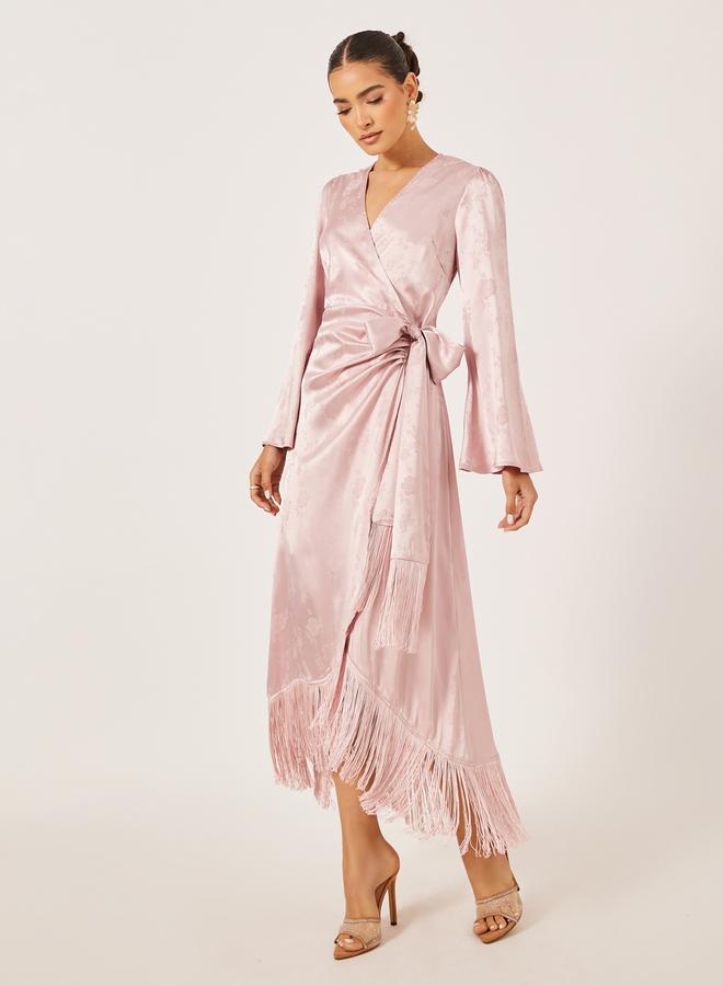 Fringed Satin Wrap Dress