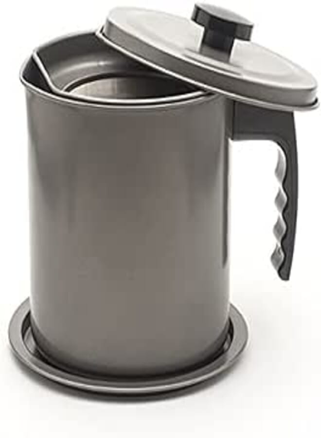 VIKROM Large 1.7 Qt (almost 7 full cups) Cooking Oil and Bacon Grease Catcher, Container, and Keeper. Perfect As A Pan Grease Holder, Stainless Steel Mesh Strainer Screen