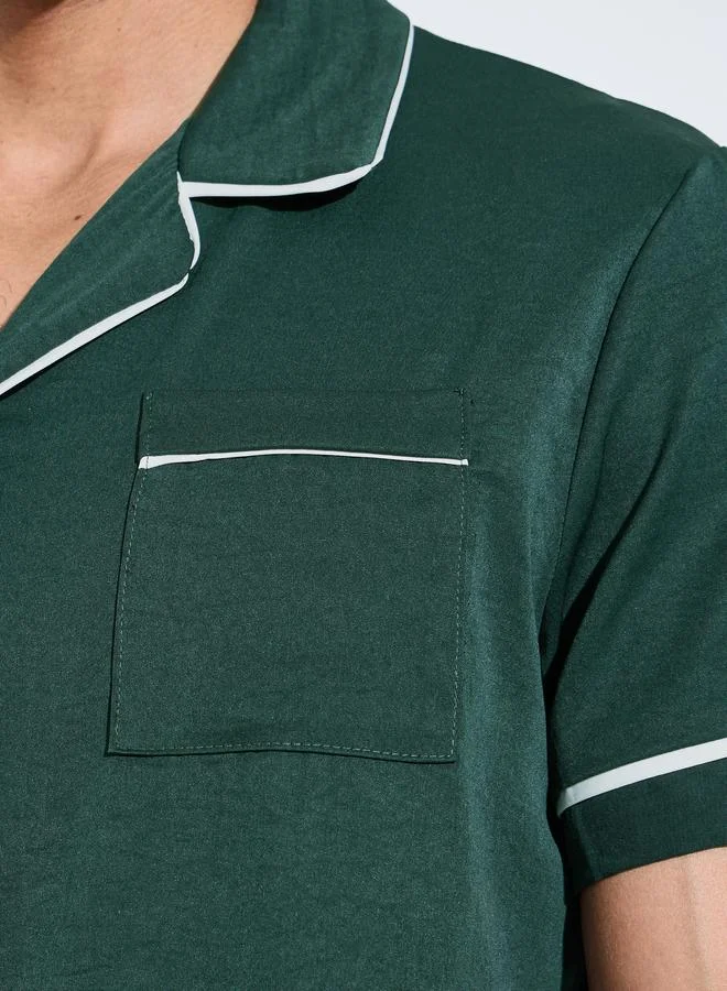 Styli  Dark Green Solid Contrast Trims Shirt and Shorts Pyjama Set for Men | Best Price UAE