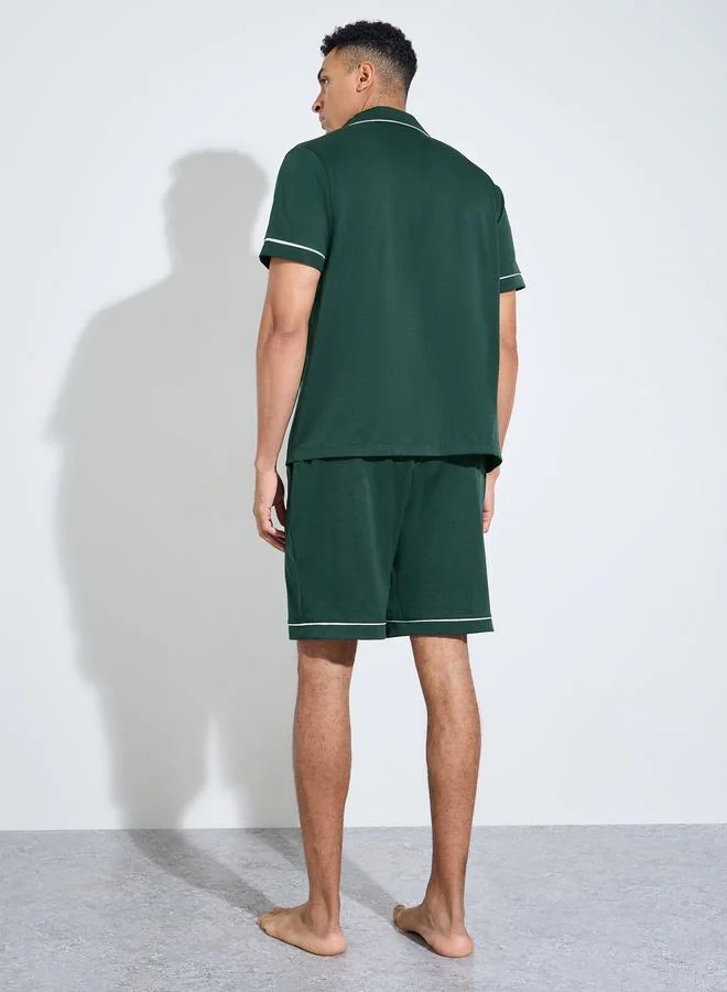 Styli  Dark Green Solid Contrast Trims Shirt and Shorts Pyjama Set for Men | Best Price UAE