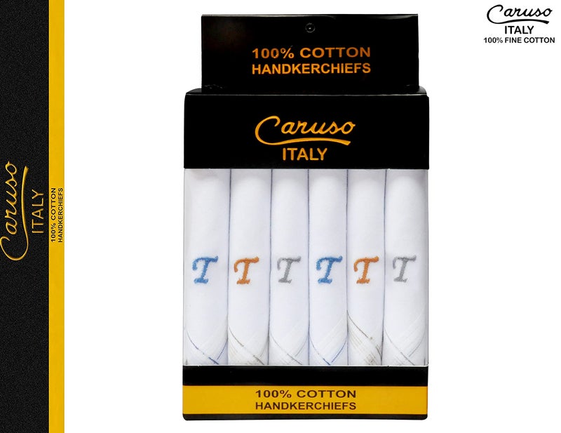 Caruso Italy Men's Initial Monogram T Embroidery Pure Cotton Formal Handkerchief White Base With Colored Border - Pack Of 6, free size - Image 2