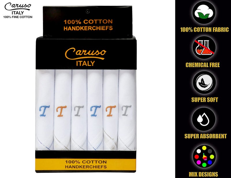 Caruso Italy Men's Initial Monogram T Embroidery Pure Cotton Formal Handkerchief White Base With Colored Border - Pack Of 6, free size - Image 3