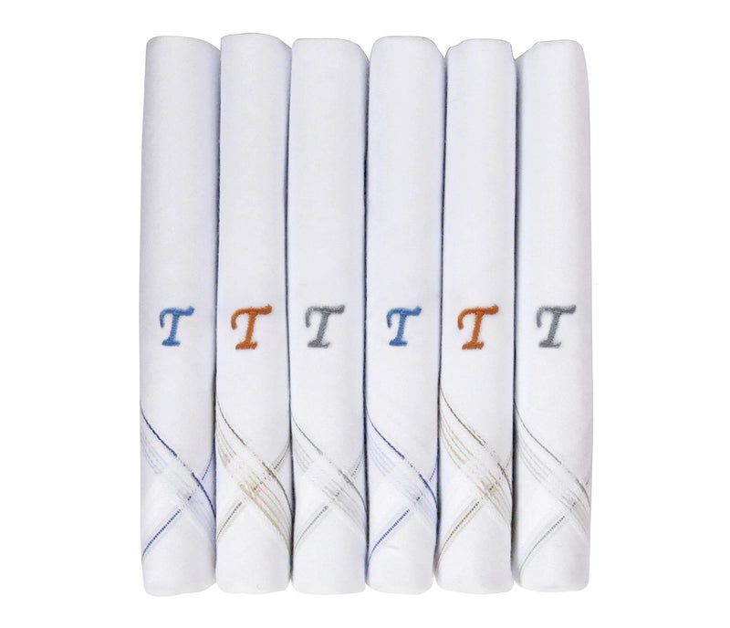 Caruso Italy Men's Initial Monogram T Embroidery Pure Cotton Formal Handkerchief White Base With Colored Border - Pack Of 6, free size - Image 5