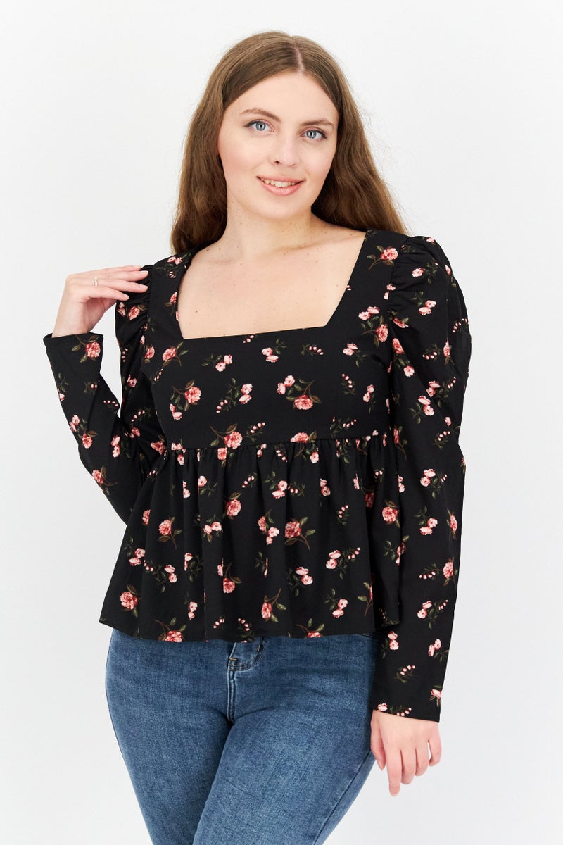 1 State Women Square Neck Floral Print Long Sleeve Blouse, Multicolor - Image 1