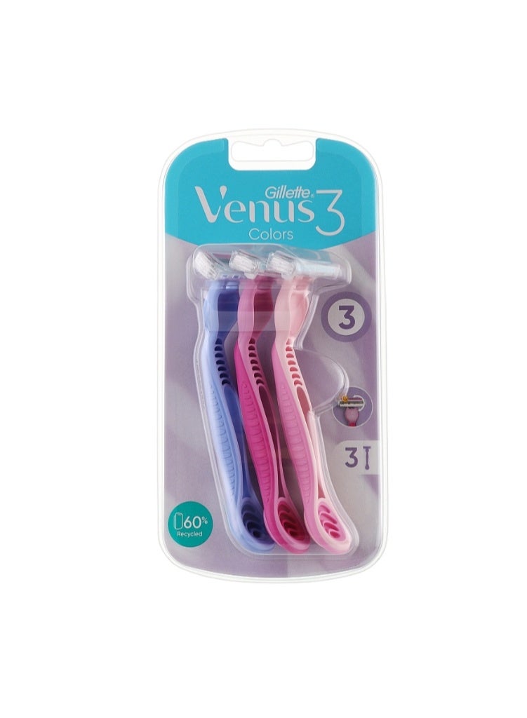 ماكينة حلاقة فينوس 3 ألوان مع شريط ترطيب 3 ألوان، 3 قطع للنساء