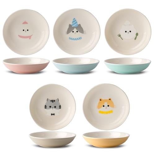 Ceramic Cat Bowls Set 57 inch Wide Cat Food Bowls Whisker Fatigue Friendly 5 Colorful Kitten Dish Plates with Cute Pattern for Wet and Dry Food Water
