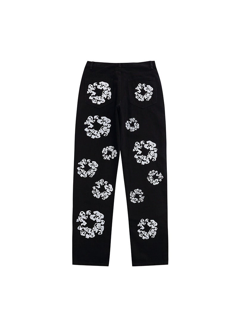 Generic - Hip Hop Print Jeans High Waist Slim Fit Unisex Black (foreign trade size) - Image 1