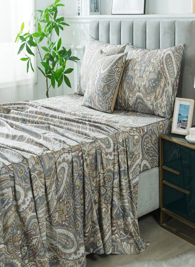 فادفاي طقم ملاءات بيزلي من فادفاي، مقاس كوين، تصميم كلاسيكي بوهيمي فاخر، طقم ملاءات سرير بيزلي بنقشة دمشقية بوهيمية، مصنوع من قطن مصري 100%، 800 خيط، ملاءة مثبتة بجيب عميق، 4 قطع، مقاس كوين - Image 2