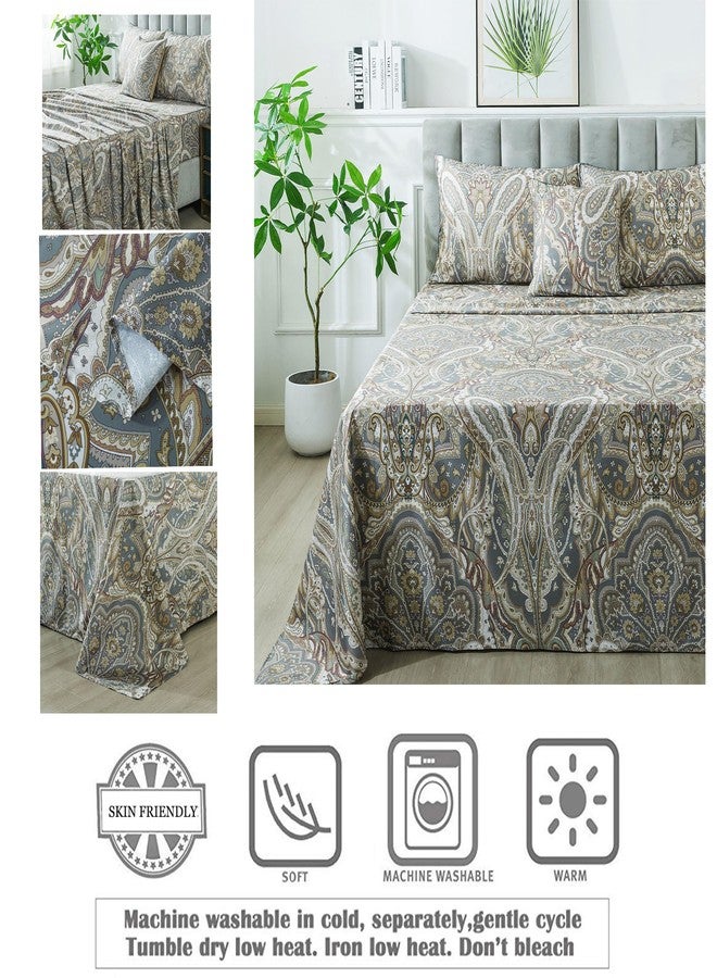 فادفاي طقم ملاءات بيزلي من فادفاي، مقاس كوين، تصميم كلاسيكي بوهيمي فاخر، طقم ملاءات سرير بيزلي بنقشة دمشقية بوهيمية، مصنوع من قطن مصري 100%، 800 خيط، ملاءة مثبتة بجيب عميق، 4 قطع، مقاس كوين - Image 3