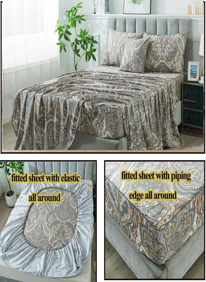 فادفاي طقم ملاءات بيزلي من فادفاي، مقاس كوين، تصميم كلاسيكي بوهيمي فاخر، طقم ملاءات سرير بيزلي بنقشة دمشقية بوهيمية، مصنوع من قطن مصري 100%، 800 خيط، ملاءة مثبتة بجيب عميق، 4 قطع، مقاس كوين - Image 4