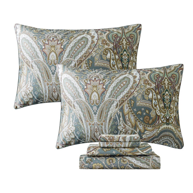 فادفاي طقم ملاءات بيزلي من فادفاي، مقاس كوين، تصميم كلاسيكي بوهيمي فاخر، طقم ملاءات سرير بيزلي بنقشة دمشقية بوهيمية، مصنوع من قطن مصري 100%، 800 خيط، ملاءة مثبتة بجيب عميق، 4 قطع، مقاس كوين - Image 1