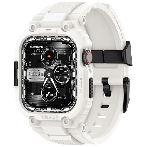 amBand Bands Compatible with Apple Watch 9/8/7 45mm, M1 Sport Series Rugged Case with TPU Strap Military Protective Tough Cover Bumper for iWatch SE3/SE2/SE/6/5/4/3 44mm 42mm Men White - Image 1