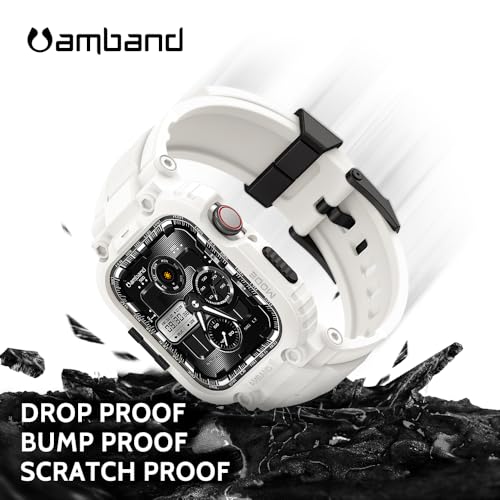 amBand Bands Compatible with Apple Watch 9/8/7 45mm, M1 Sport Series Rugged Case with TPU Strap Military Protective Tough Cover Bumper for iWatch SE3/SE2/SE/6/5/4/3 44mm 42mm Men White - Image 3