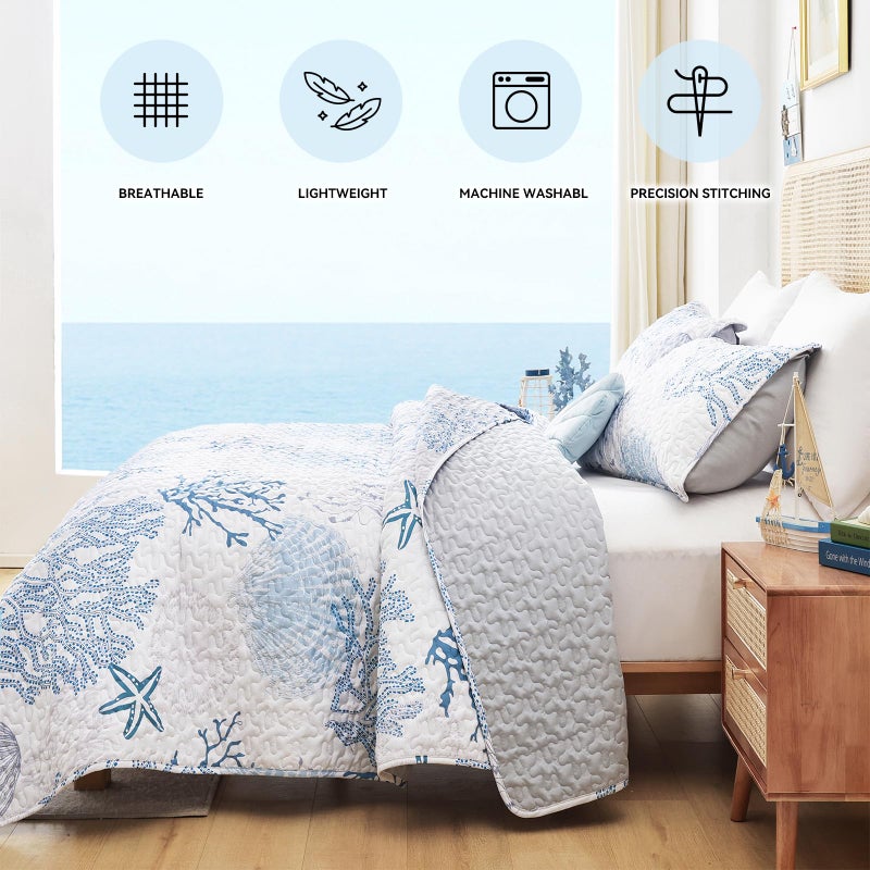 weigelia Coastal Quilts Bedding Set King Size - Blue Summer Nautical Bedding Quilt with Pillow Cases, Beach Reversible Quilt Set Bedspreads Coverlet Soft Lightweight Comforter - Image 4