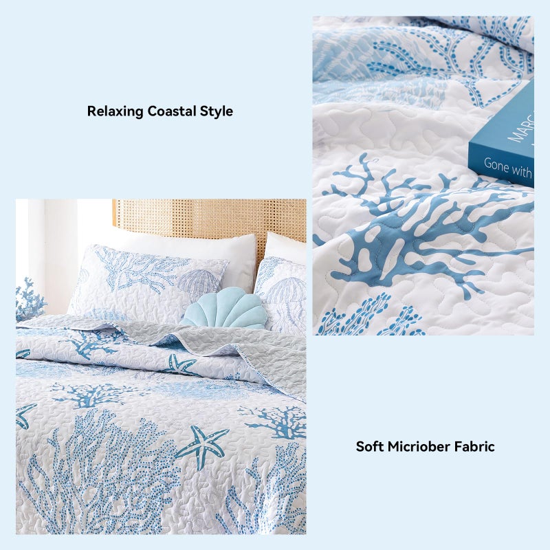 weigelia Coastal Quilts Bedding Set King Size - Blue Summer Nautical Bedding Quilt with Pillow Cases, Beach Reversible Quilt Set Bedspreads Coverlet Soft Lightweight Comforter - Image 5