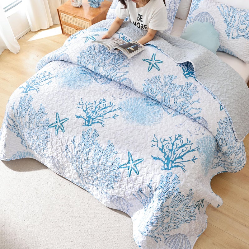 weigelia Coastal Quilts Bedding Set King Size - Blue Summer Nautical Bedding Quilt with Pillow Cases, Beach Reversible Quilt Set Bedspreads Coverlet Soft Lightweight Comforter - Image 3