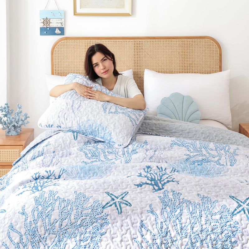 weigelia Coastal Quilts Bedding Set King Size - Blue Summer Nautical Bedding Quilt with Pillow Cases, Beach Reversible Quilt Set Bedspreads Coverlet Soft Lightweight Comforter - Image 2