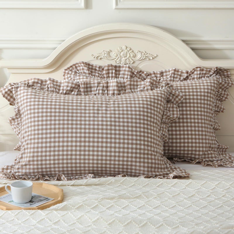 Mywinlle Taupe/White Plaid Ruffle Pillowcases Farmhouse Standard Size Pillow Shams 20"x26",Shabby Checkered Gingham Washed Cotton Pillow Covers Set of 2 - Image 3