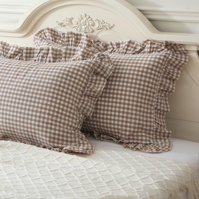 Mywinlle Taupe/White Plaid Ruffle Pillowcases Farmhouse Standard Size Pillow Shams 20"x26",Shabby Checkered Gingham Washed Cotton Pillow Covers Set of 2 - Image 2