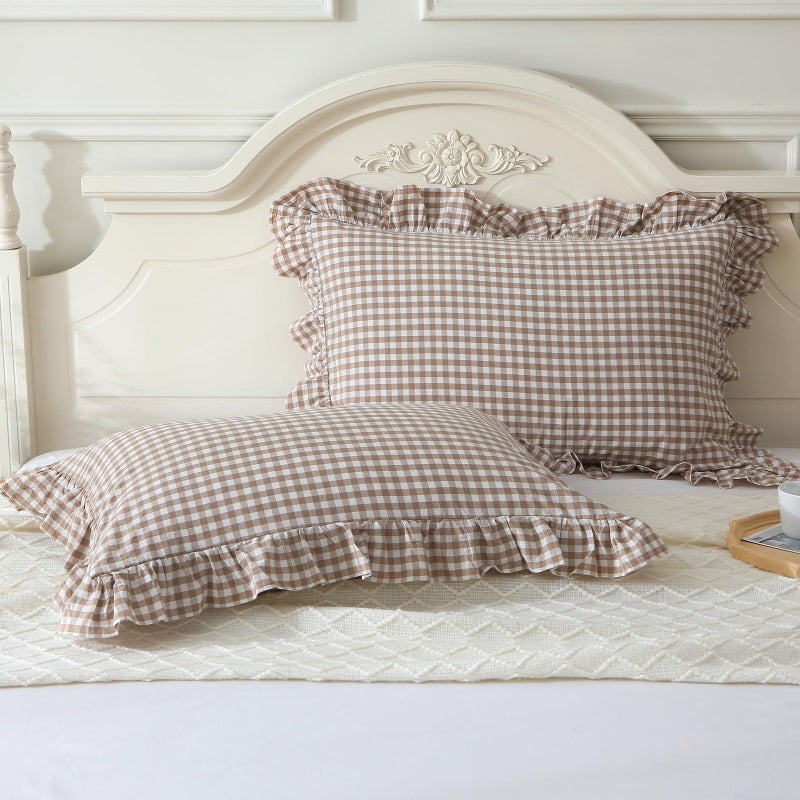 Mywinlle Taupe/White Plaid Ruffle Pillowcases Farmhouse Standard Size Pillow Shams 20"x26",Shabby Checkered Gingham Washed Cotton Pillow Covers Set of 2 - Image 1