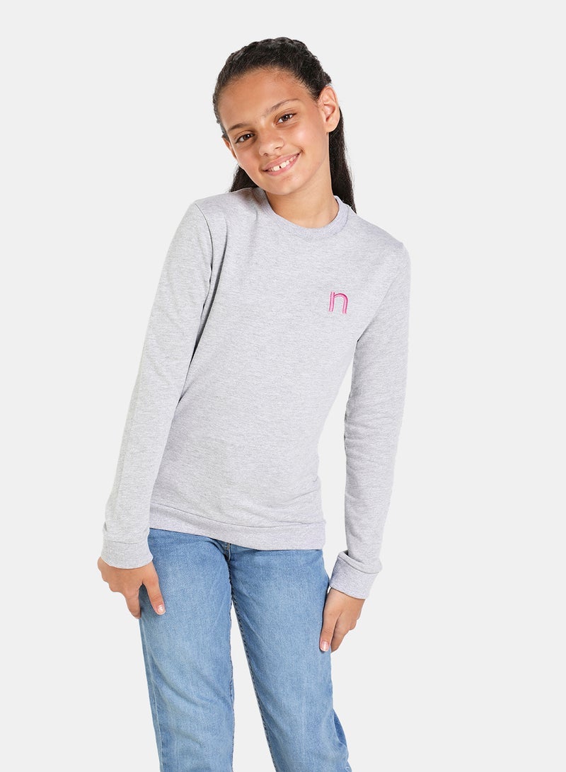 نيون  فتيات رقبة مستديرة قميص طويل الأكمام رمادي فاتح