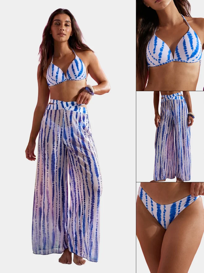Styli Pack of 3 - Abstract Print Balconette Molded Cup Top with Tie Back Detail, Bikini Brief and Wide Leg Pants