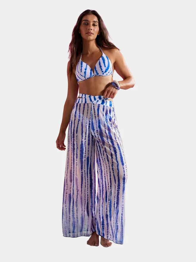 Styli Pack of 3 - Abstract Print Balconette Molded Cup Top with Tie Back Detail, Bikini Brief and Wide Leg Pants
