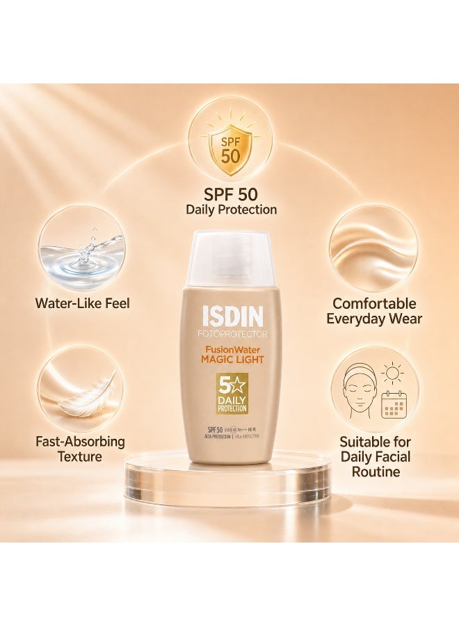 Isdinceutics ISDIN Fotoprotector Fusion Water Magic Light SPF 50 Tinted Sunscreen, Lightweight Natural Coverage Face Sun Protection, 50ml - Image 2