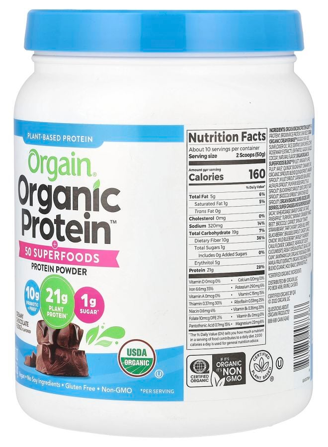 Orgain Organic Protein Powder + 50 Superfoods Creamy Chocolate Fudge 1.12 lb (510 g) - Image 2