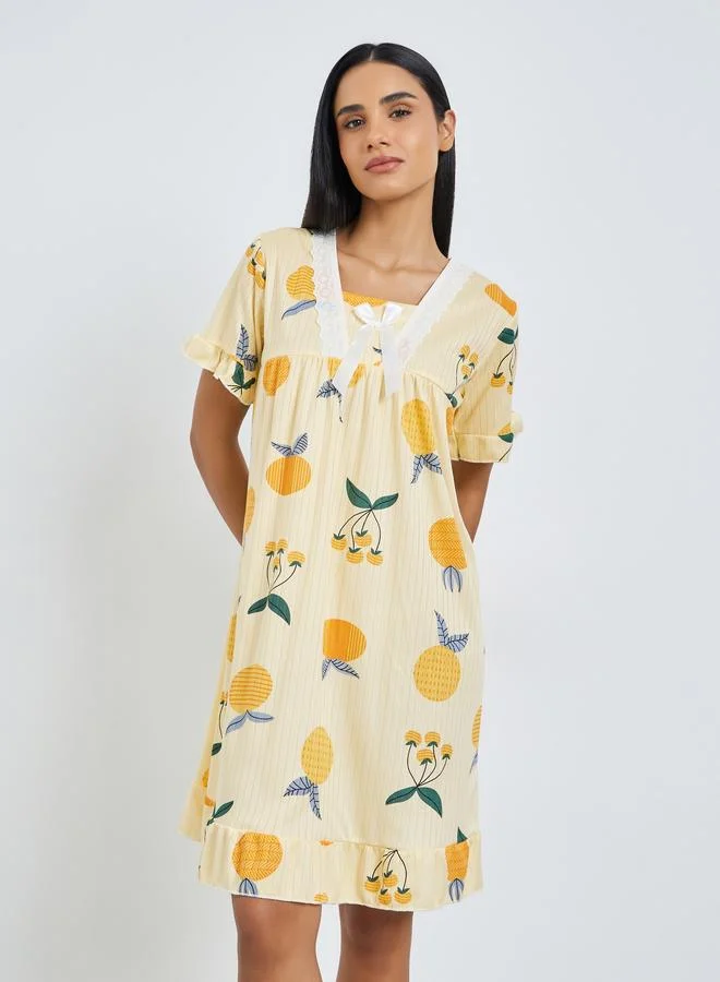 Styli Yellow Fruit Print Short Sleeve Nightdress