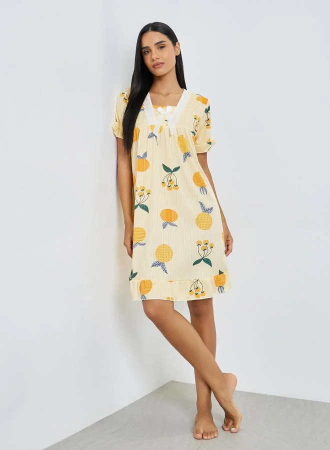 Styli Yellow Fruit Print Short Sleeve Nightdress