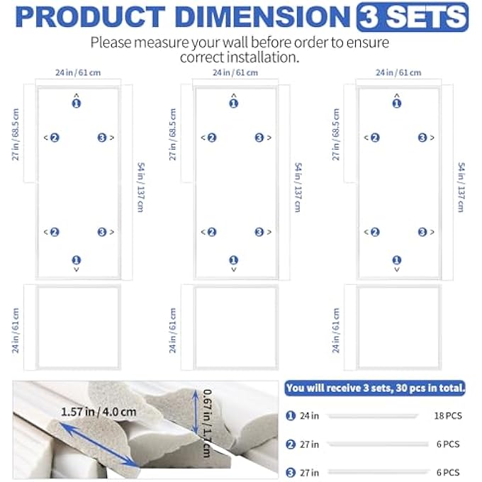 طقم قوالب جدران مُعدة مسبقًا بـ 6 إطارات، ألواح قوالب لجدران الديكور الداخلي، جاهزة للتجميع، ألواح قوالب مُعدة مسبقًا لتزيين المنزل (3 مجموعات، 54 × 24 بوصة) - Image 3