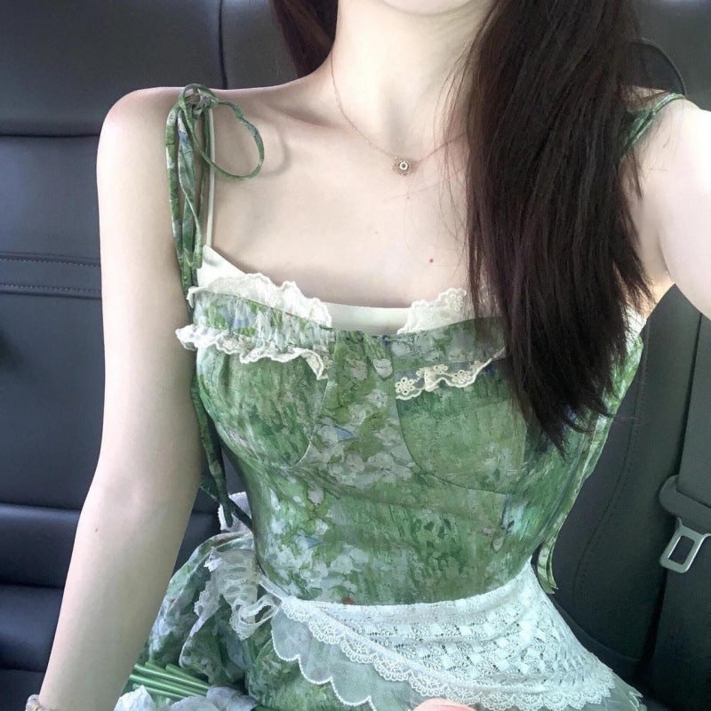 2024 summer new wear a set of Korean floral dress mid-length womens lace waist slimming skirt Green floral dress [single piece]