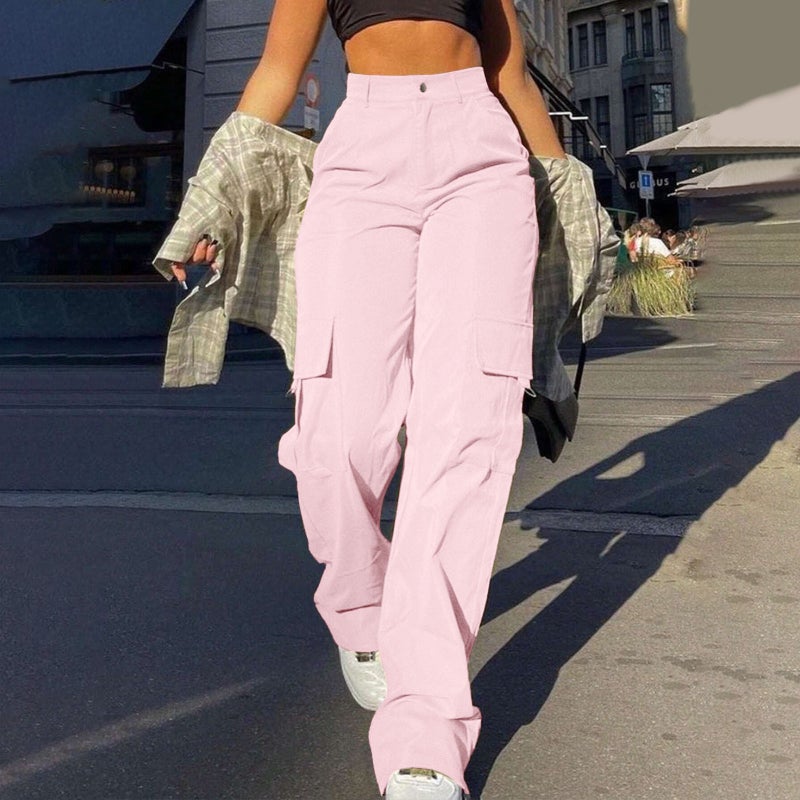 Women's Street Style Multi-Pocket Cargo Straight Leg Pants High Waist Loose Fit Trousers