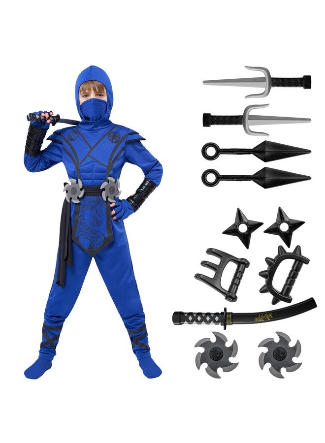 Spooktacular Creations Spooktacular Creations Halloween Ninja Costume Kids, Blue Black Ninja Dragon Jumpsuit Set, Boys Halloween Costume for DressUp and RolePlay Party (Medium, 8-10 yrs) - Image 1