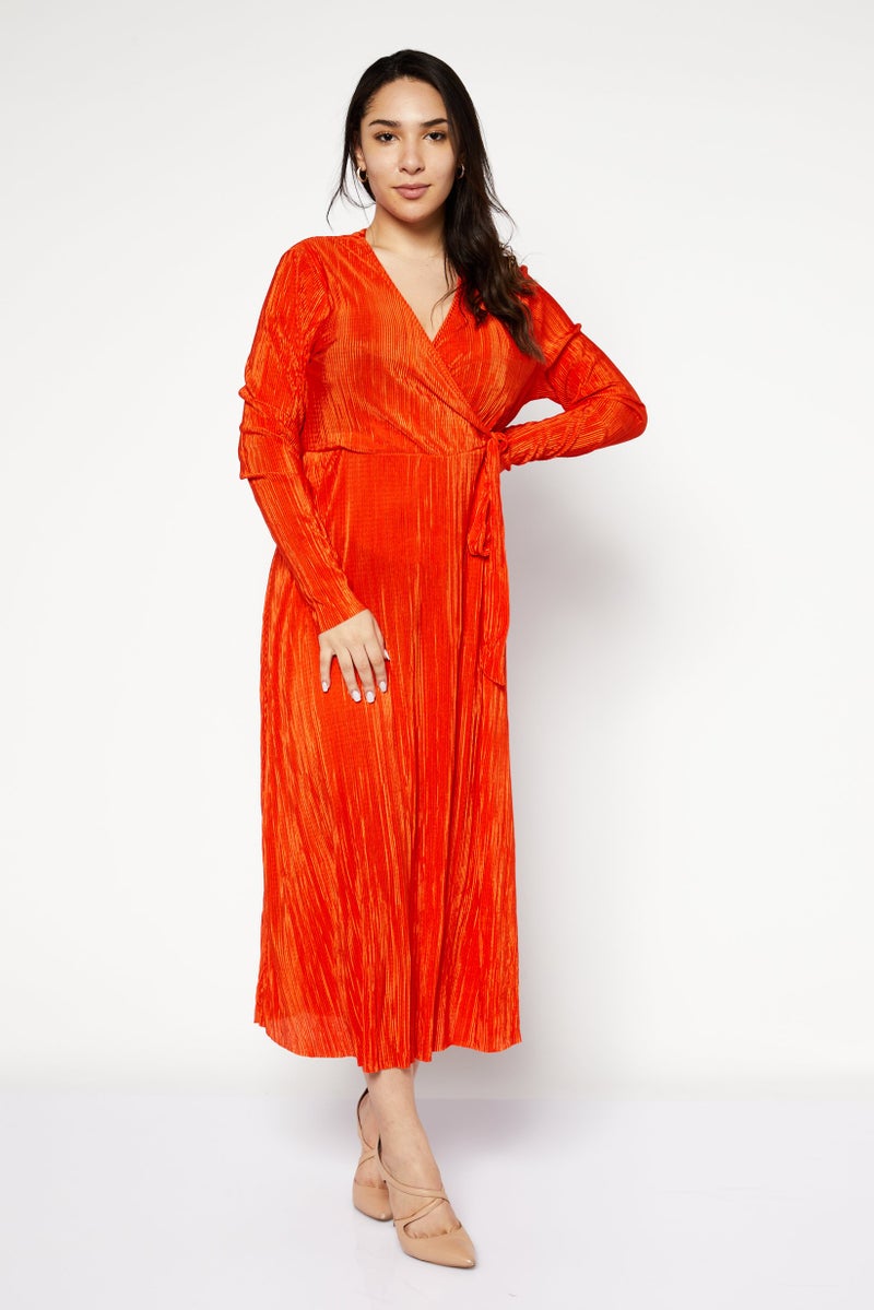 RIVER ISLAND فستان ميدي طويل الأكمام للنساء بتصميم مضلع، برتقالي - Image 1