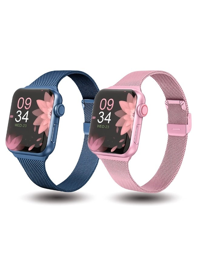 O Ozone (Pack of 2) O Ozone Slim Milanese Straps Compatible With Apple Watch Series 10 | 9 | 8 | 7 | 6 | SE | 5 | 4 | 3 | 2 |1 , 38/40/41/42mm, Stainless Steel Mesh Milanese Metal Replacement Strap for Women- Blue/Rose Pink - Image 1