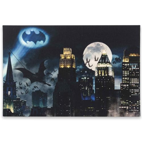 Open Road Brands DC Comics Bat Signal Over Gotham City Gallery Wrapped Canvas Wall Decor Vintage Batman Wall Art for Man Cave or Movie Room - Image 1