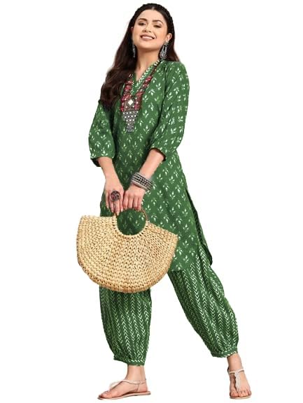 LookMark Women's Trendy Printed Cotton Blend Straight Kurta and Afghani Pant Set Perfect For Casual and Office Wear (AZ-LM-OG-KS2070 GREEN-XL) - Image 4