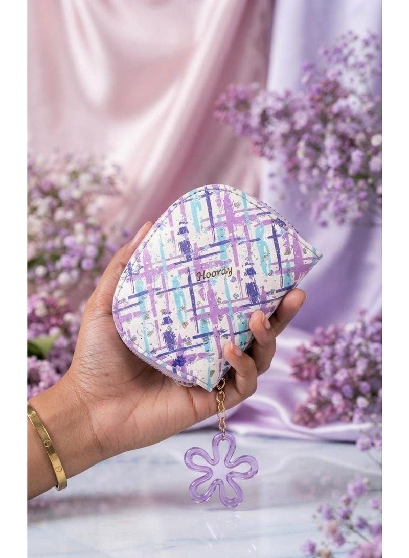 محفظة نسائية بسحاب بنمط مربعات بنفسجية مع حزام معصم مزين بوردة
