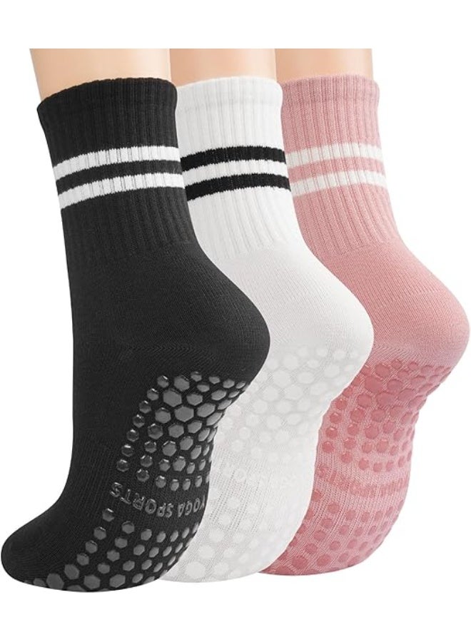 COYO Pilates Socks for Women with Non Slip Grippers, Yoga Crew Socks for Barre Hospital Sticky Slipper Socks 3 Pairs
