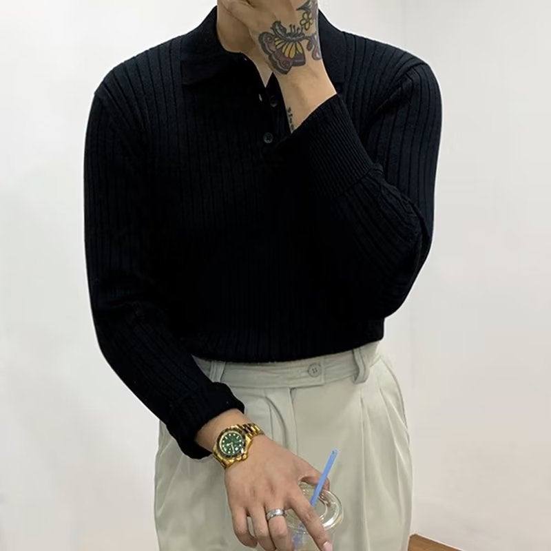 Spring Autumn Slim Knit Polo Shirt Fashionable Mens Sweater Brown  - Image 2